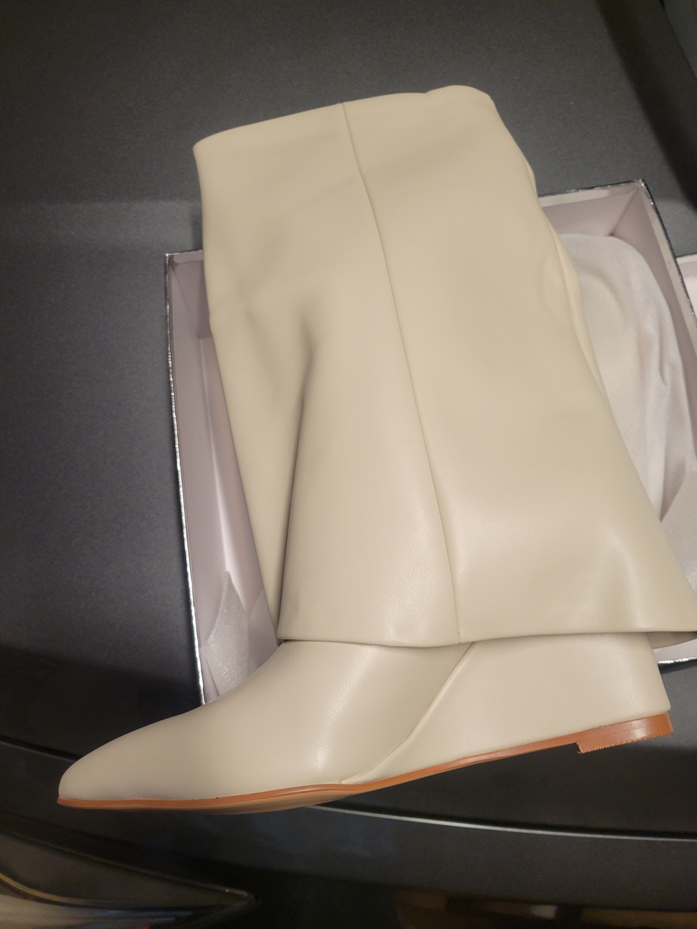 Women's Cream Fold Over Knee High Boots, Pointed Toe Pull On Wedge Heel Boots